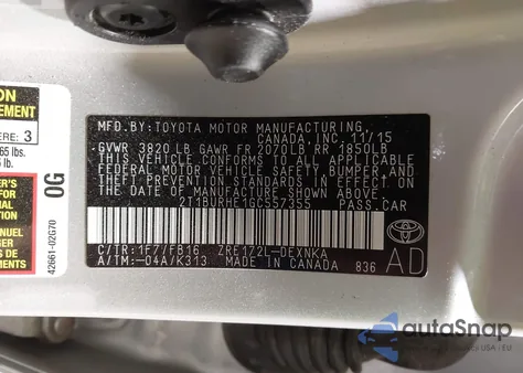 2016 Toyota Corolla Le z USA, uszkodzony, nr VIN 2T1BURHE1GC557355